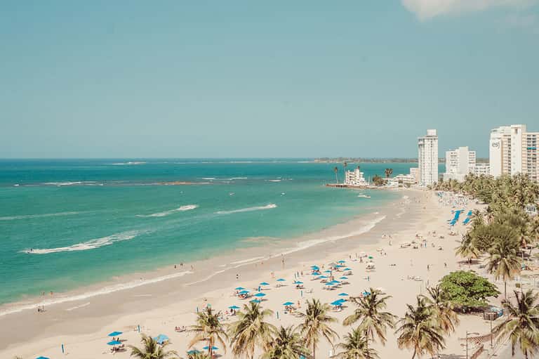 Scenic beachfront with turquoise ocean, sandy shore, palm trees, and high-rise hotels