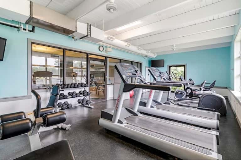 Modern gym with treadmills, exercise bikes, dumbbells, and turquoise accent walls