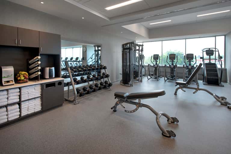 Well-equipped fitness center with cardio machines, weight racks, dumbbells, and large windows