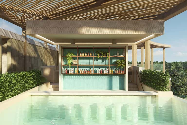 Modern poolside bar with geometric patterned canopy, mint green infinity pool, and lush green surroundings
