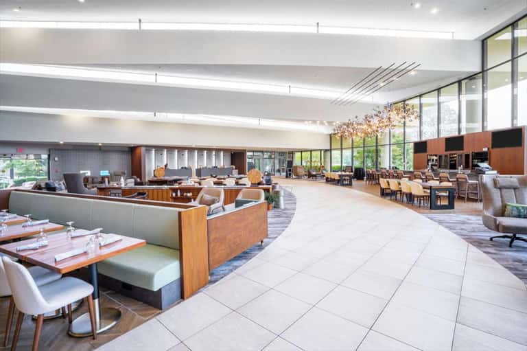 Contemporary hotel lobby with curved wood seating, large windows, and neutral earth tones