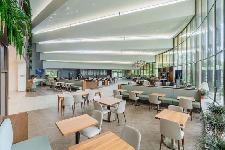 Contemporary hotel cafeteria with natural light, wood tables, green booth seating, and floor-to-ceiling windows overlooking greenery