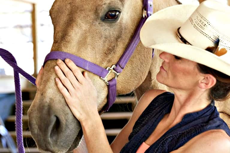 Woman in cowboy hat holding purple halter of brown horse at ranch