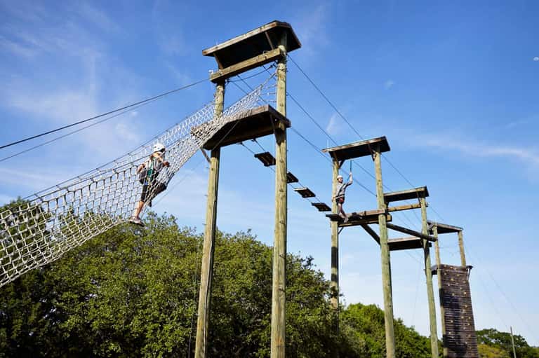 Adventure park rope course with wooden platforms, climbing structures, and safety nets among green trees
