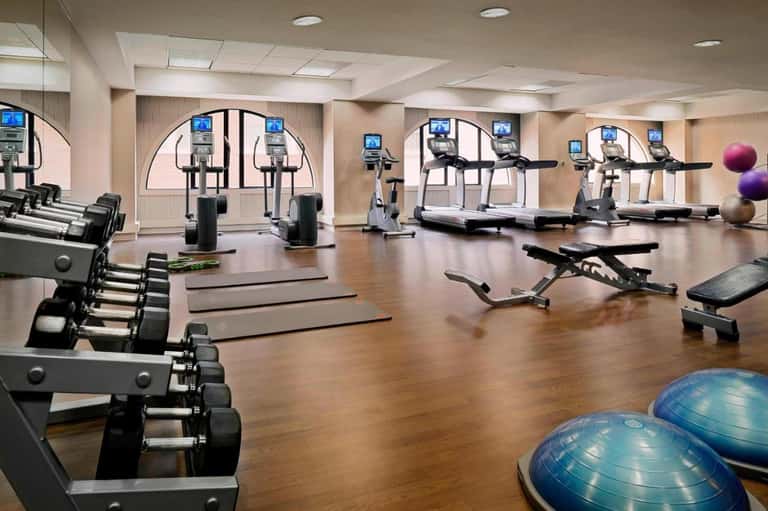 Gym interior with dumbbells, treadmills, exercise bikes, stability balls, and arched windows