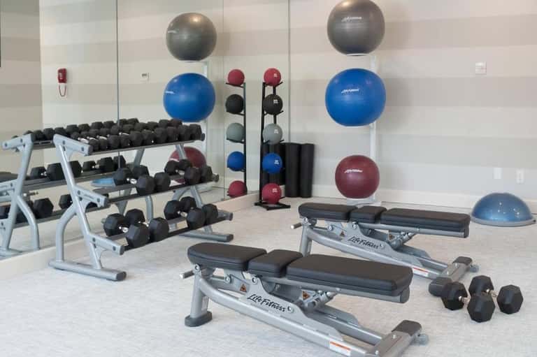Modern fitness center with free weights, dumbbells, exercise balls, and workout benches