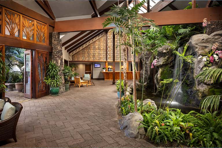 Tropical resort atrium with lush plants, stone waterfall, wooden beams, and natural lighting