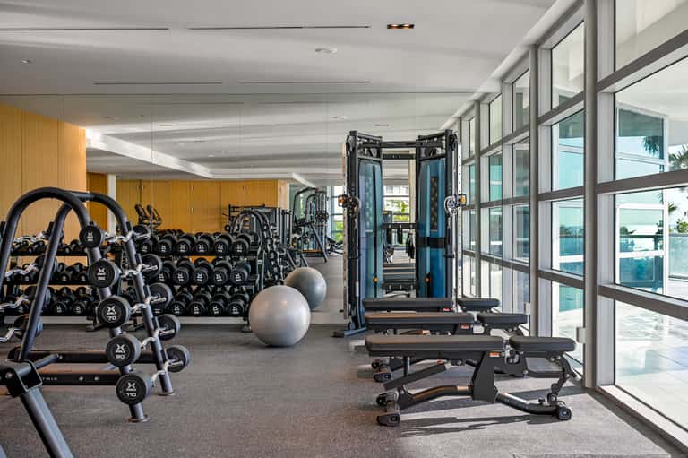 Modern fitness center with dumbbells, exercise machines, and floor-to-ceiling windows