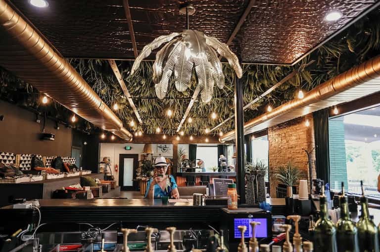 Trendy coffee shop interior with exposed brick, hanging botanical décor, and copper piping