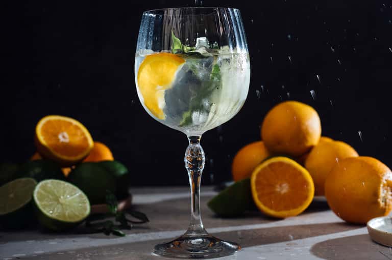 Refreshing gin and tonic cocktail with lemon slice and mint garnish surrounded by fresh citrus fruits