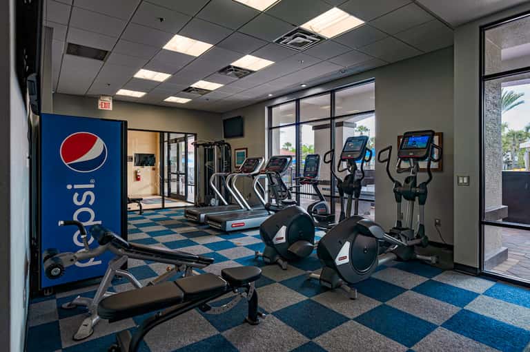 Modern fitness center with cardio equipment, weights, and large windows overlooking palm trees