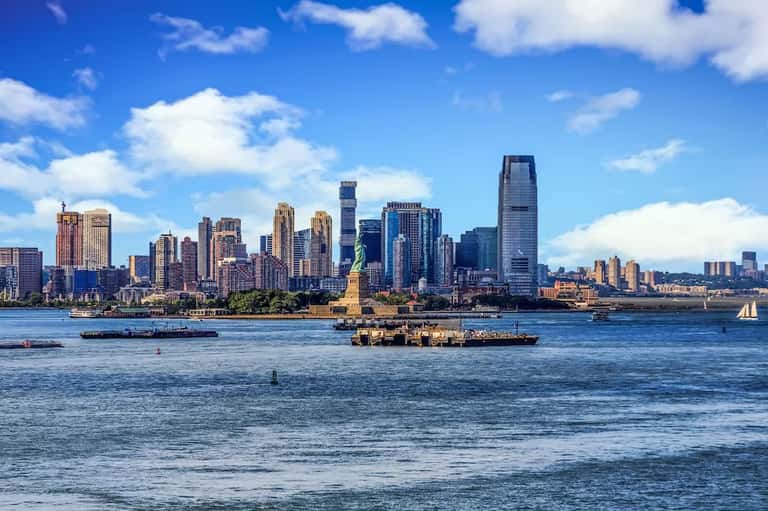 New York City skyline with Statue of Liberty and Manhattan waterfront