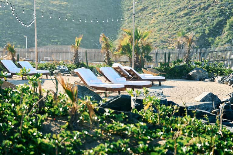 Beach lounge area with white cushioned sun loungers, palm trees, and mountainous backdrop