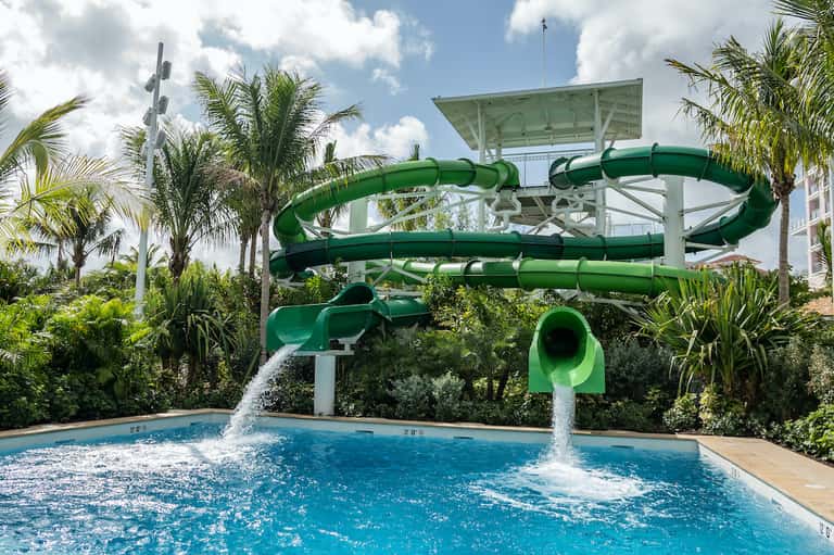 Green water slide twisting above pool with splash, surrounded by palm trees and tropical landscaping