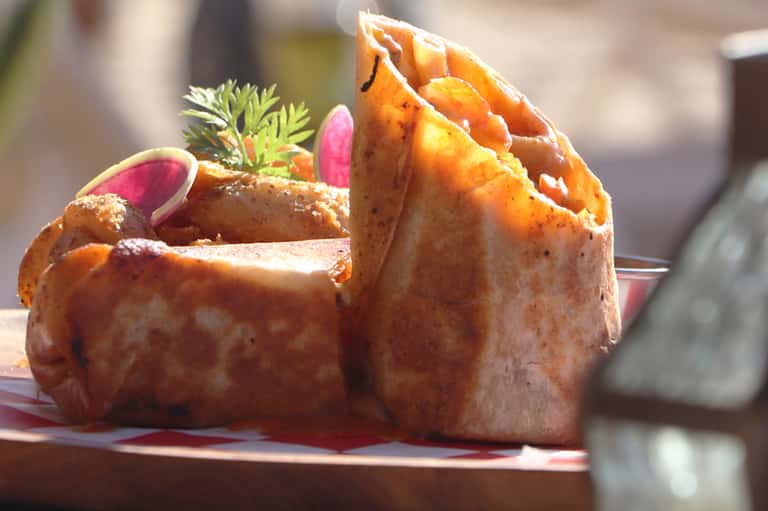 Gourmet plated dish with crispy pastry, sauce, and microgreens garnish on white plate