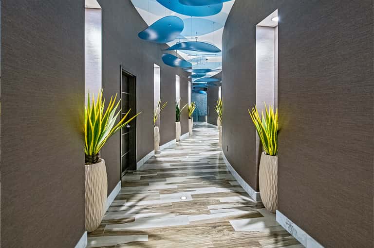Modern hallway with gray walls, wooden flooring, yellow plants, and blue skylight ceiling panels