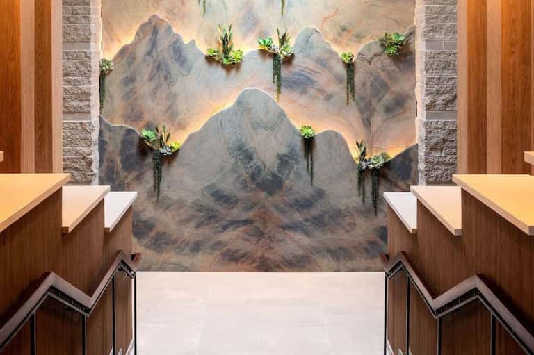 Modern spa stairwell with mountain landscape mural, illuminated backdrop, succulent planters, and warm wood paneling
