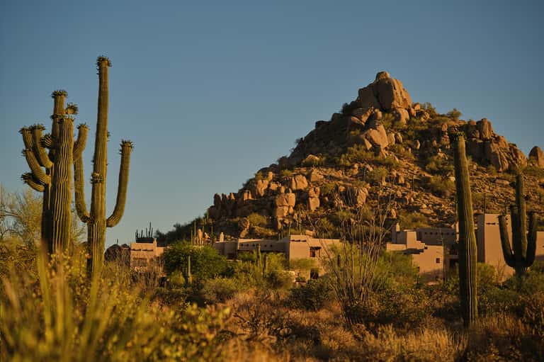 Desert mountain landscape with saguaro cacti and pueblo-style adobe buildings in Arizona terrain