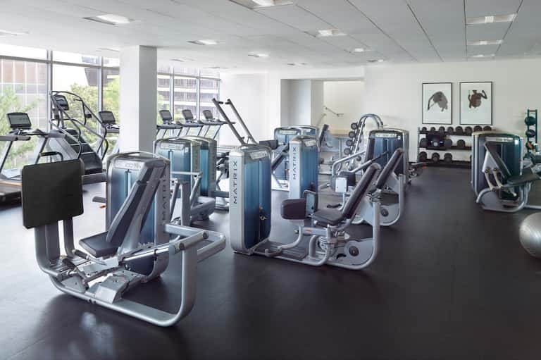 Spacious fitness facility with cardio machines, strength equipment, dumbbells, and large windows