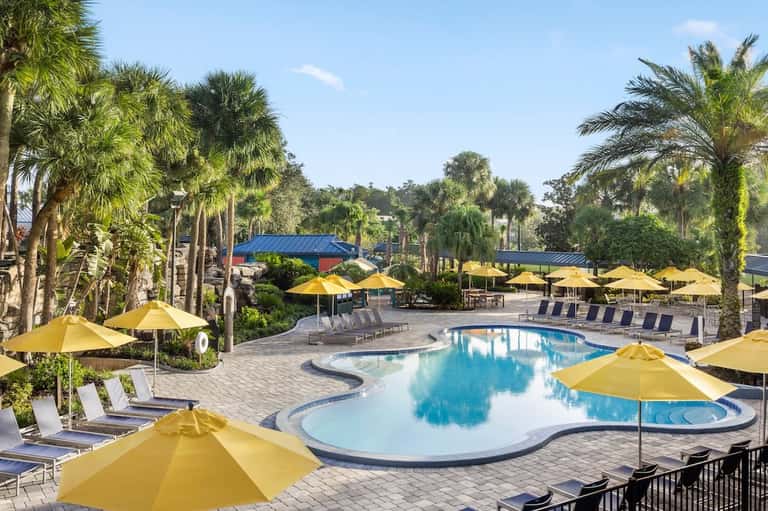 Resort pool deck with yellow umbrellas, palm trees, loungers, and curved swimming pool