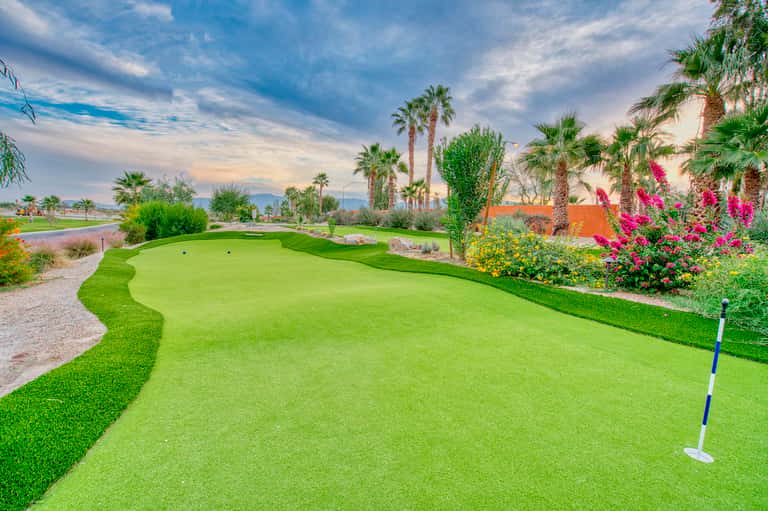Manicured golf course green with palm trees, flowering shrubs, and desert mountain landscape in background