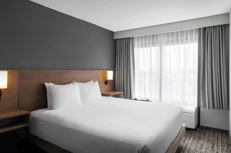 Modern hotel bedroom with gray accent wall, wood headboard, white bedding, and large windows