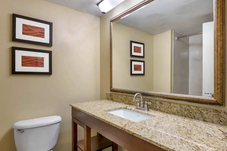 Hotel bathroom with granite countertop, white sink, large mirror with gold frame, and framed artwork
