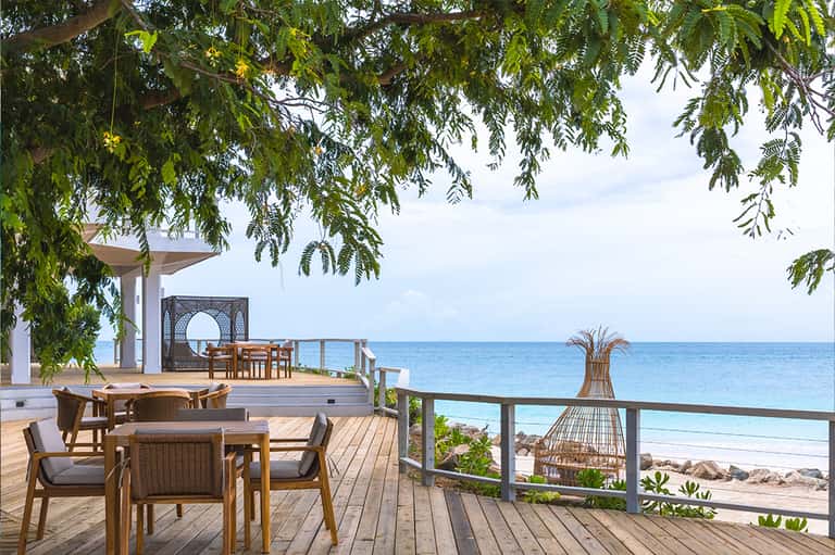 Beachfront resort deck with wooden dining tables, lounge chairs, ocean views, and hanging vegetation overhead