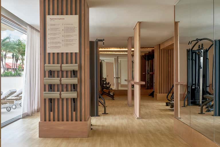 Modern fitness center with wooden dividers, mirrors, exercise equipment, and palm tree view through windows