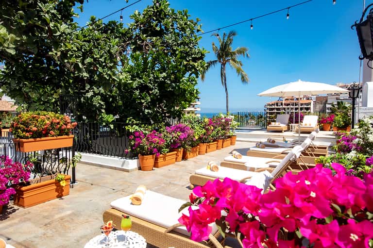 Rooftop terrace with lounge chairs, vibrant pink flowers, and ocean views
