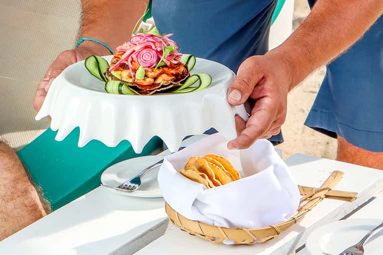 Server presenting decorative plate with fresh crab cake and cucumber garnish