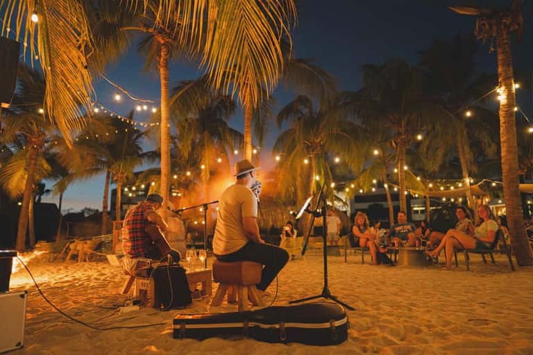 Beach concert at night with musicians performing under string lights and palm trees