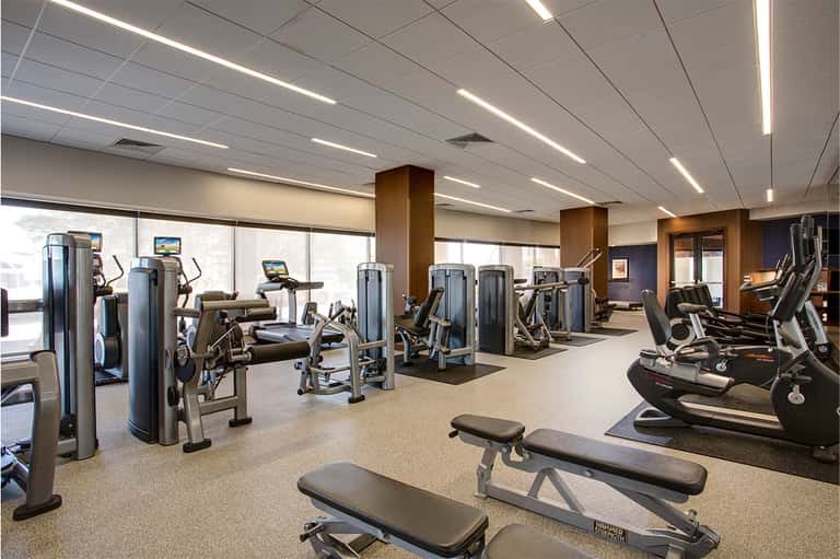 Modern fitness center with cardio equipment, wooden pillars, and bright overhead lighting