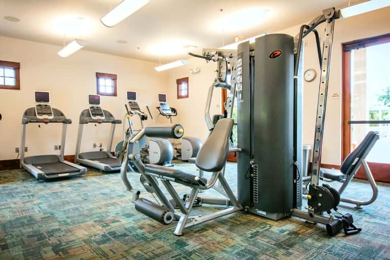 Hotel fitness center with treadmills, exercise equipment, and large windows overlooking grounds