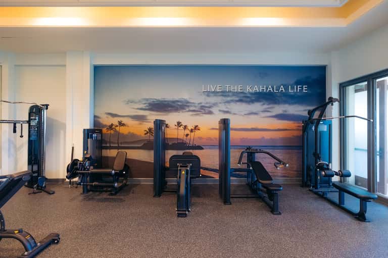 Modern fitness center with equipment and Kahala life branded sunset mural