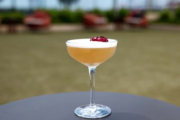 Craft cocktail with foam and garnish served outdoors with blurred water background
