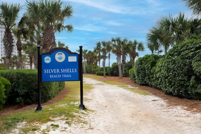 Sandy beach trail entrance marked by blue Silver Shells Beach Trail sign lined with palm trees