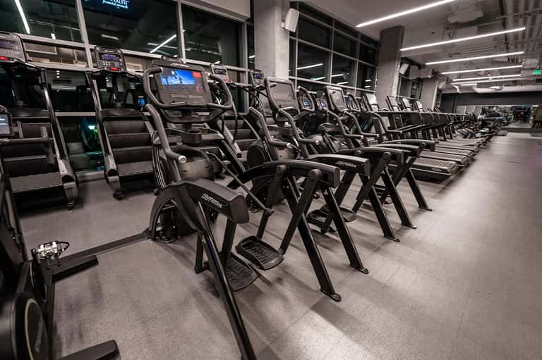 Rows of black exercise machines in brightly lit contemporary fitness center with large windows