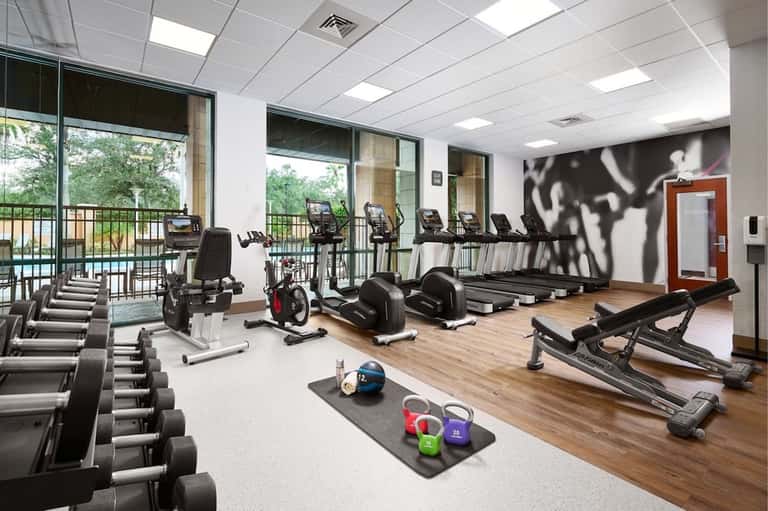 Bright fitness center with rows of dumbbells, exercise bikes, treadmills, and equipment near large windows