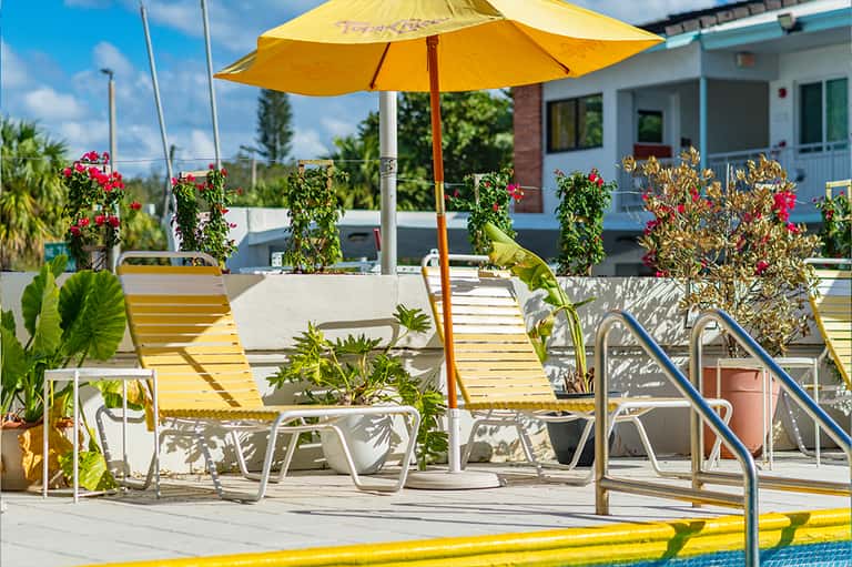 Bright poolside deck with yellow umbrella, lounge chairs, and flowering planters near building entrance