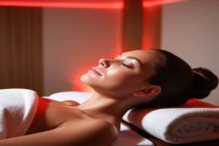 Woman relaxing in spa treatment room with red ambient lighting and white towels