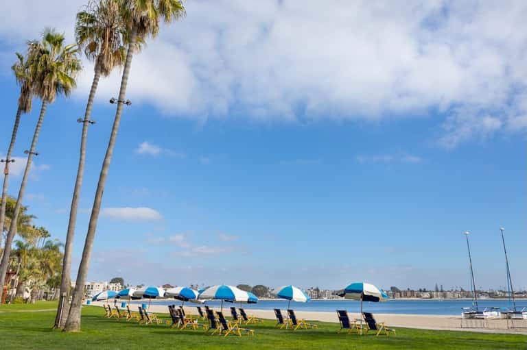 Beach scene with palm trees, blue and white beach umbrellas, and sailboats on waterfront