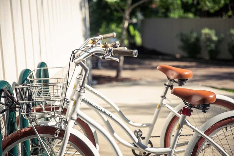 Hotel bicycles with brown leather seats parked near white wall with green plants in background