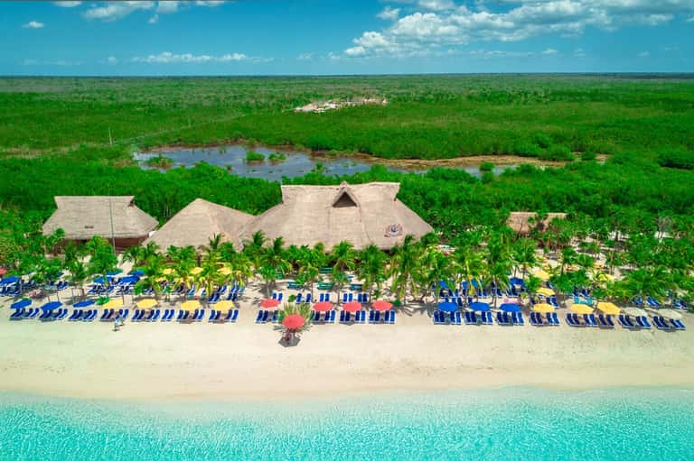 Beachfront resort with thatched-roof buildings and rows of blue loungers on sand
