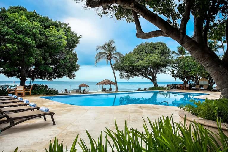 Tropical beachfront pool surrounded by large shade trees, lounge chairs, tiki huts, and ocean view