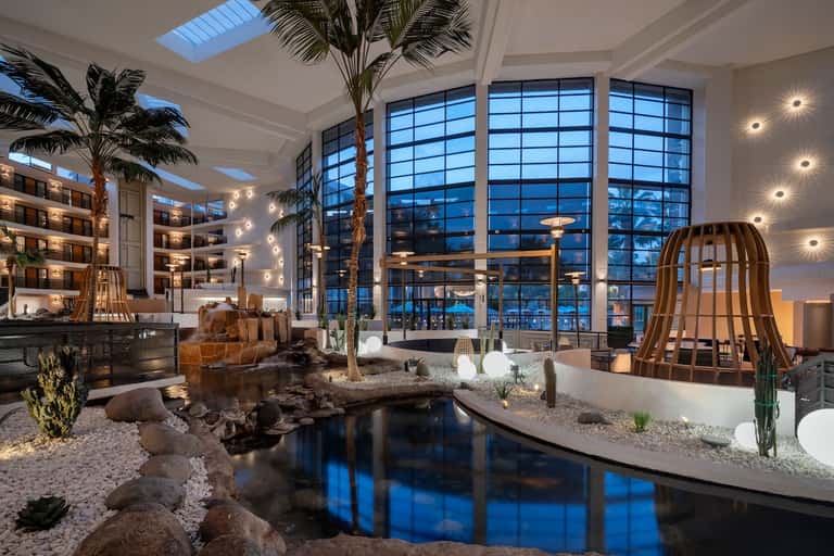 Luxury lobby with indoor water feature, palm plants, and night city views