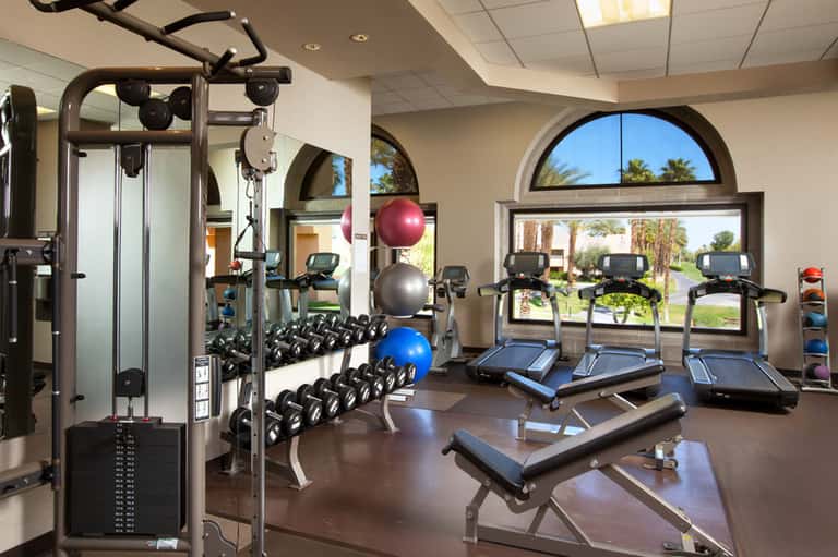 Well-equipped fitness center with cardio machines, free weights, exercise balls, and large windows overlooking palm trees