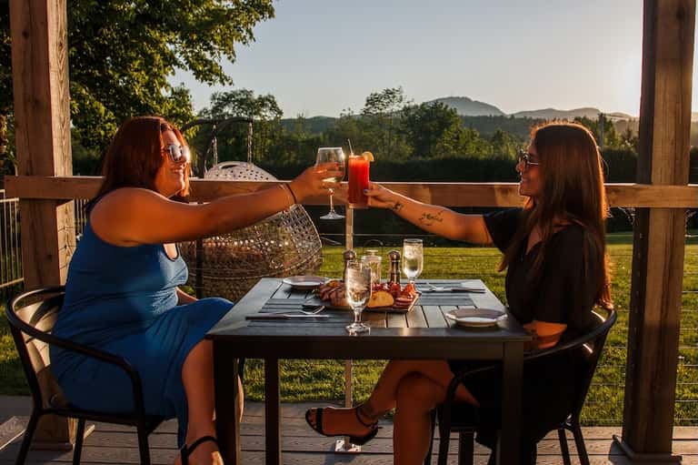 Two women toasting drinks on a scenic overlook deck with mountain and forest views
