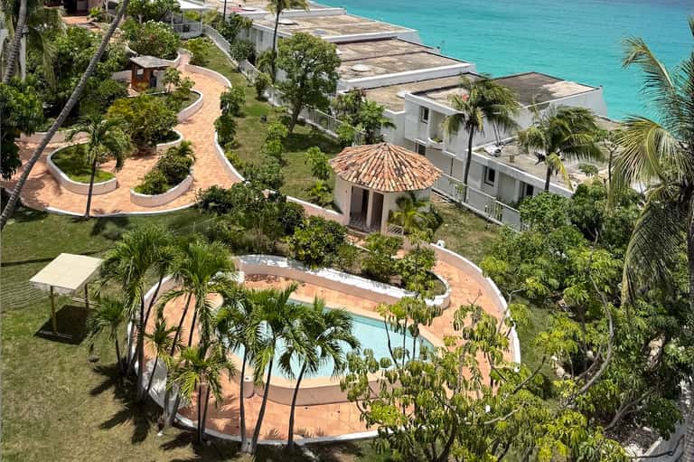 Aerial view of beachfront resort with curved pool, white buildings, palm trees, and turquoise ocean