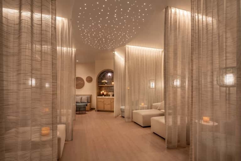 Luxurious spa corridor with sheer curtains, ambient lighting, and modern minimalist design
